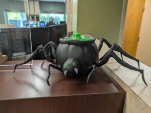 pumpkin decorated like a black spider candy holder
